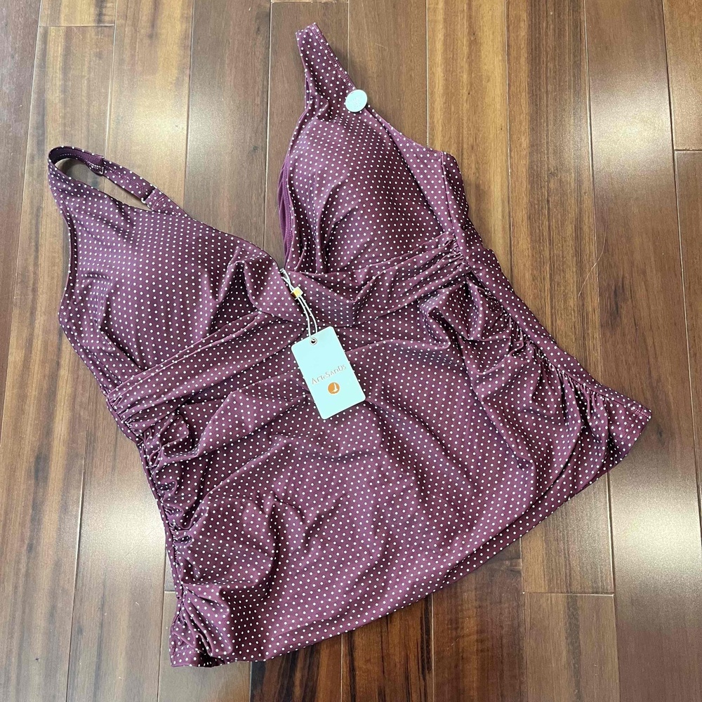 New NWT Artesands Syrah Polka Dot Tankini Top‎ Maroon Burgundy Red Swim Size 18